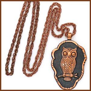 Vintage Charming Solid Copper Bell Trading Owl‎ Pendant and Chain
